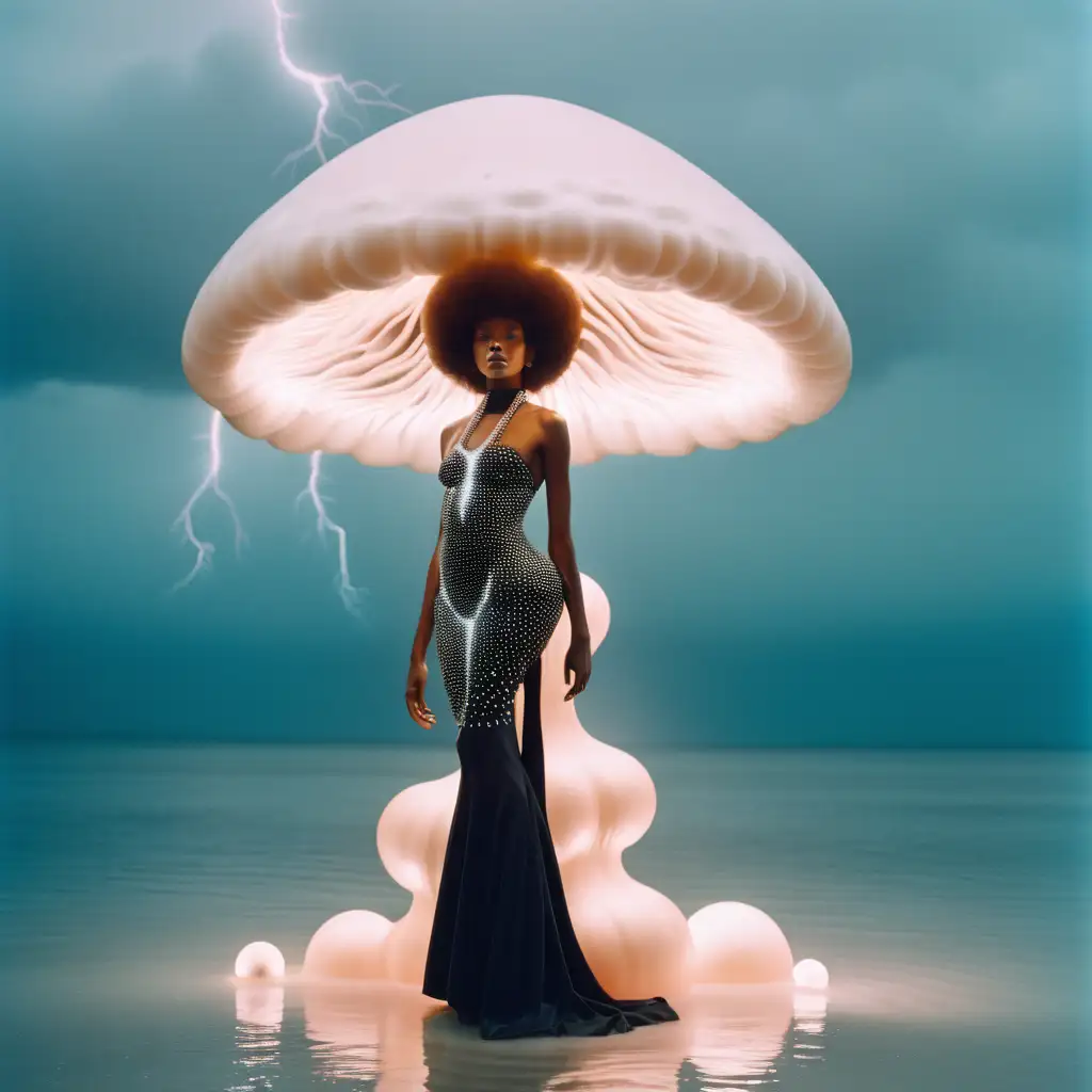Elegant Black Woman in Jacquemus Sculptural Mushroom Pearl Gown with Surreal Ocean Backdrop