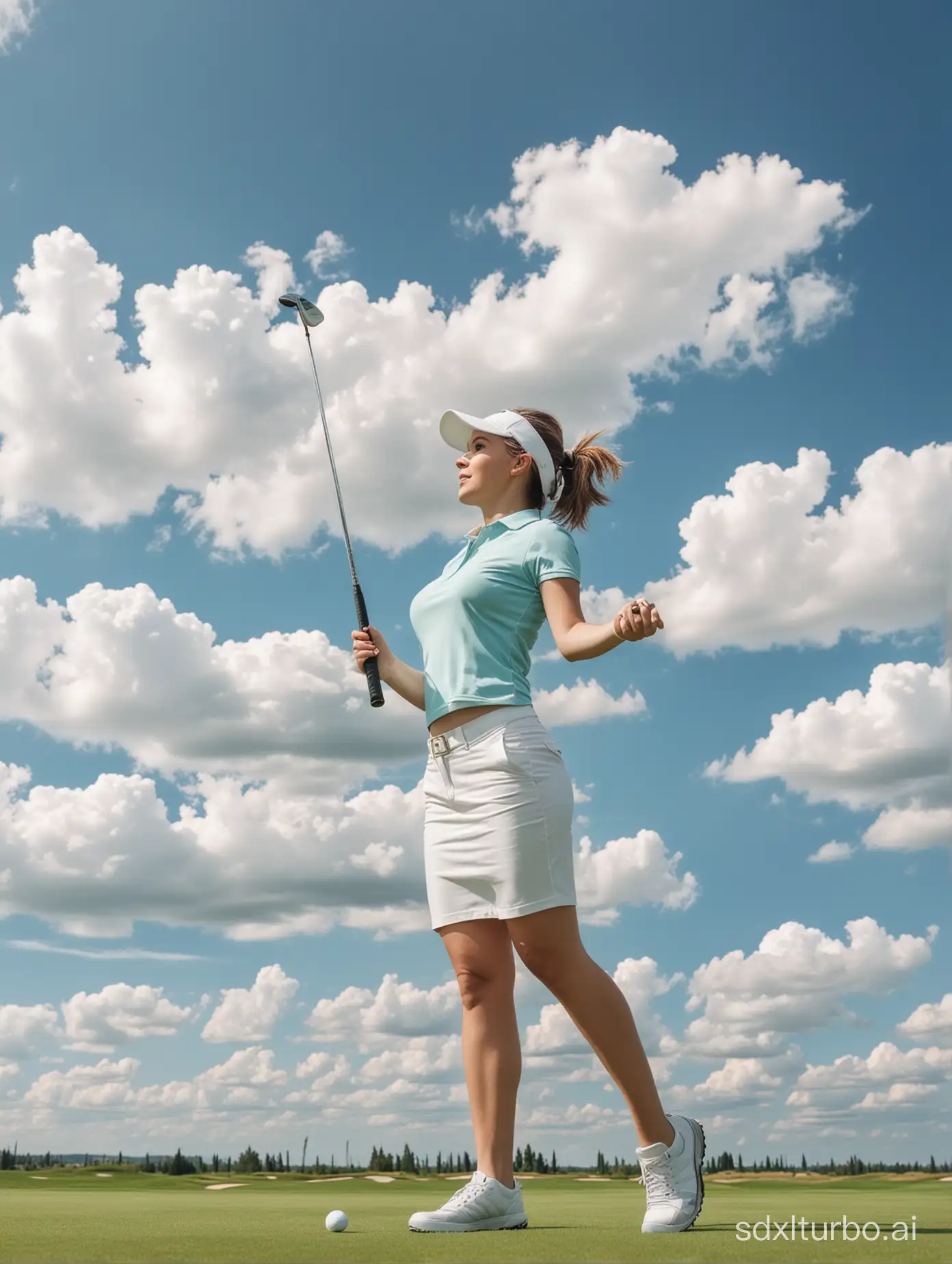 Under the blue sky and white clouds, a woman is playing golf and saying hello.