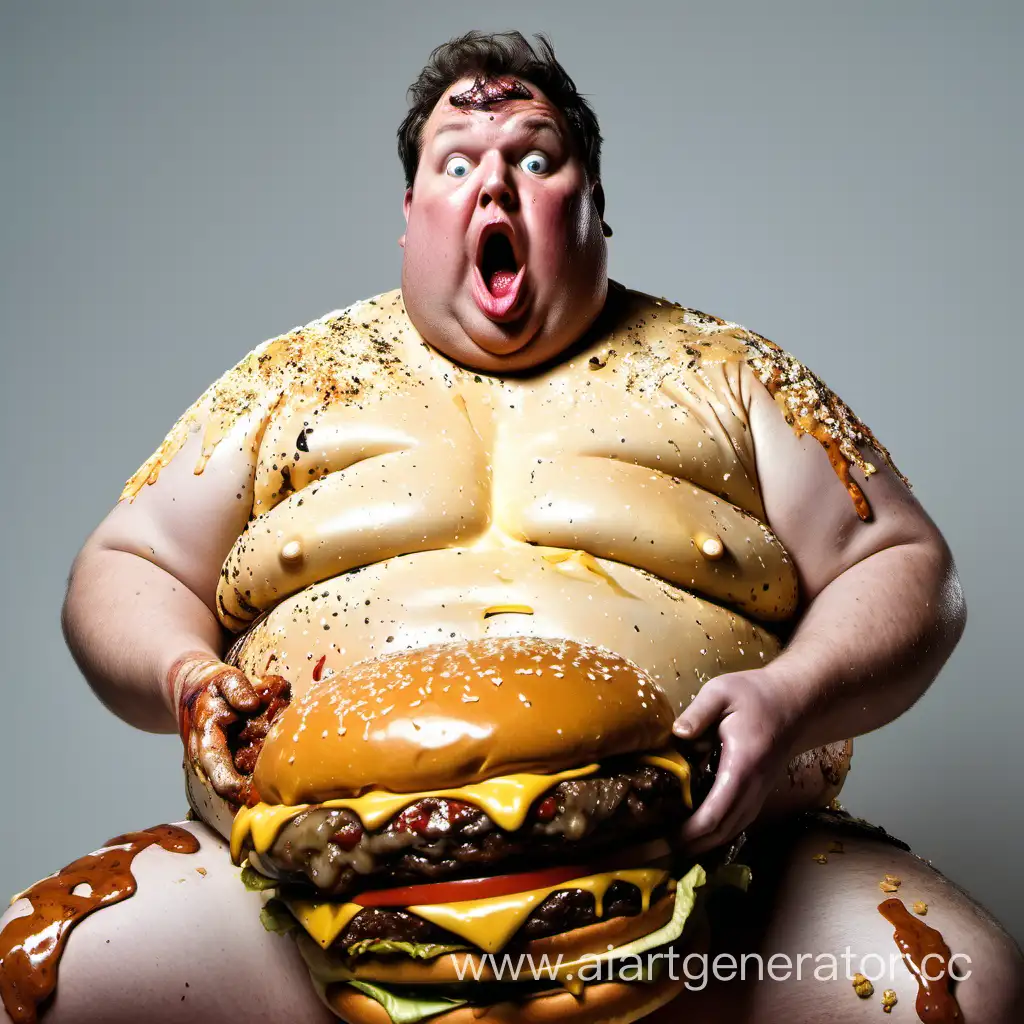 Жирный американец в подгузниках ест огромный бургер и он весь испачкан в жире от еды