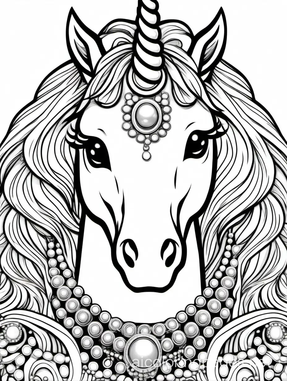 Closeup of head and neck of a happy unicorn with long eye lashes and jewelry. , Coloring Page, black and white, line art, white background, Simplicity, Ample White Space. The background of the coloring page is plain white to make it easy for young children to color within the lines. The outlines of all the subjects are easy to distinguish, making it simple for kids to color without too much difficulty
