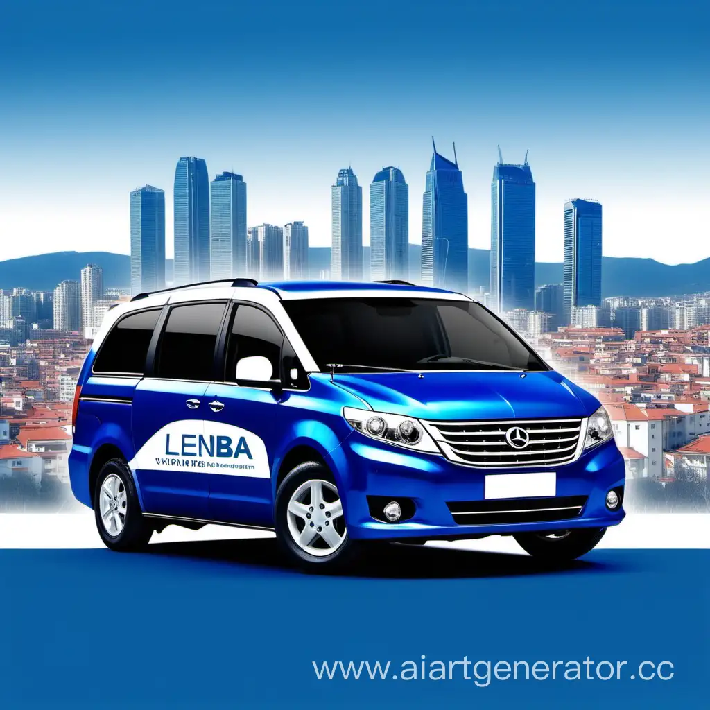 Сгенерируй картинку минивэна на фоне города для экскурсионной компании "LENBA", цвета - синий и белый