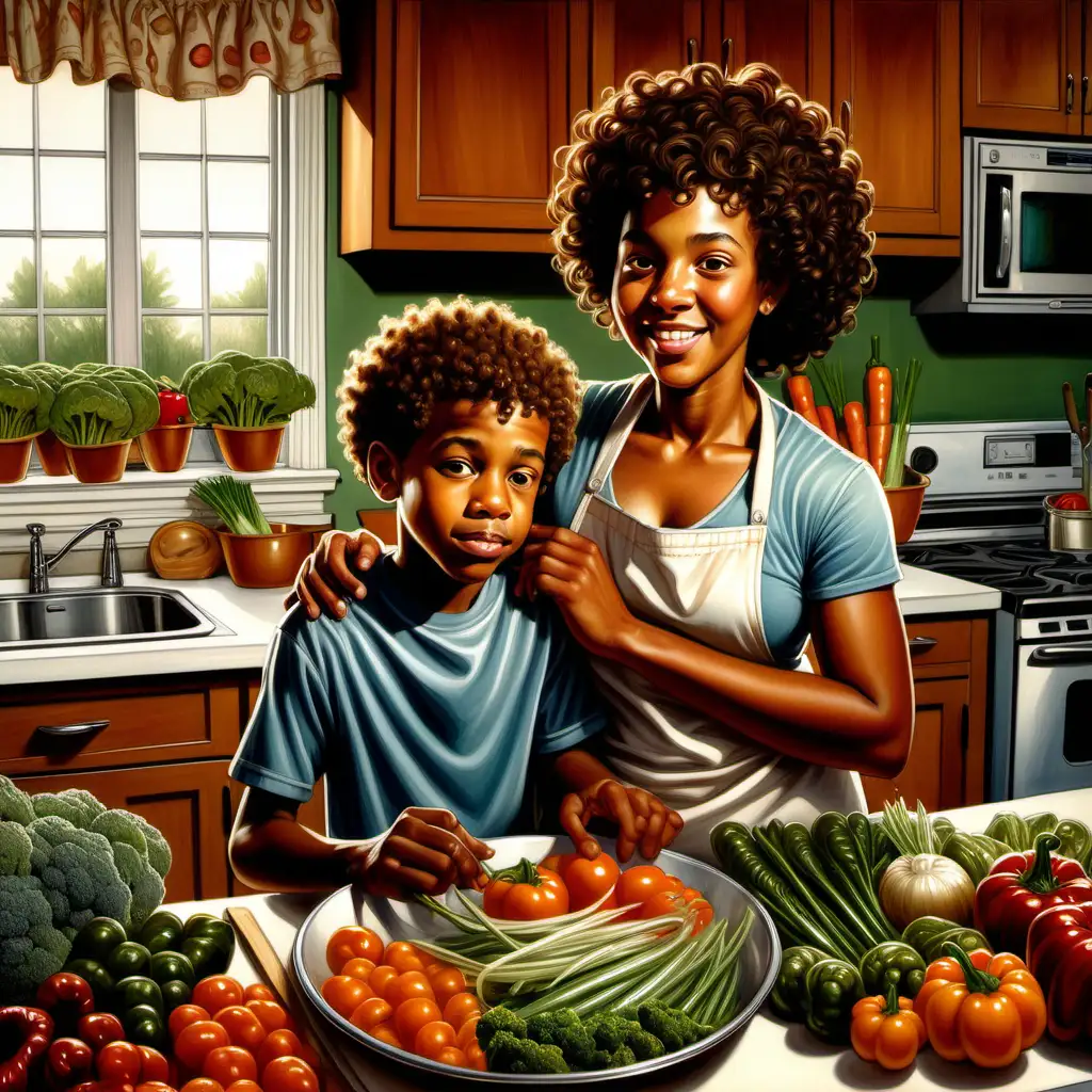 Ernie Barnes style cartoon african american 10 year old boy with curly hair in the kitchen with vegetables and his mother