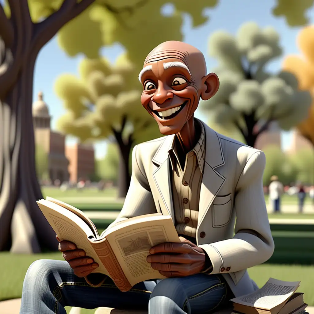 Vintage Cartoon Elder Reading Story in Park with Jeans in New Mexico