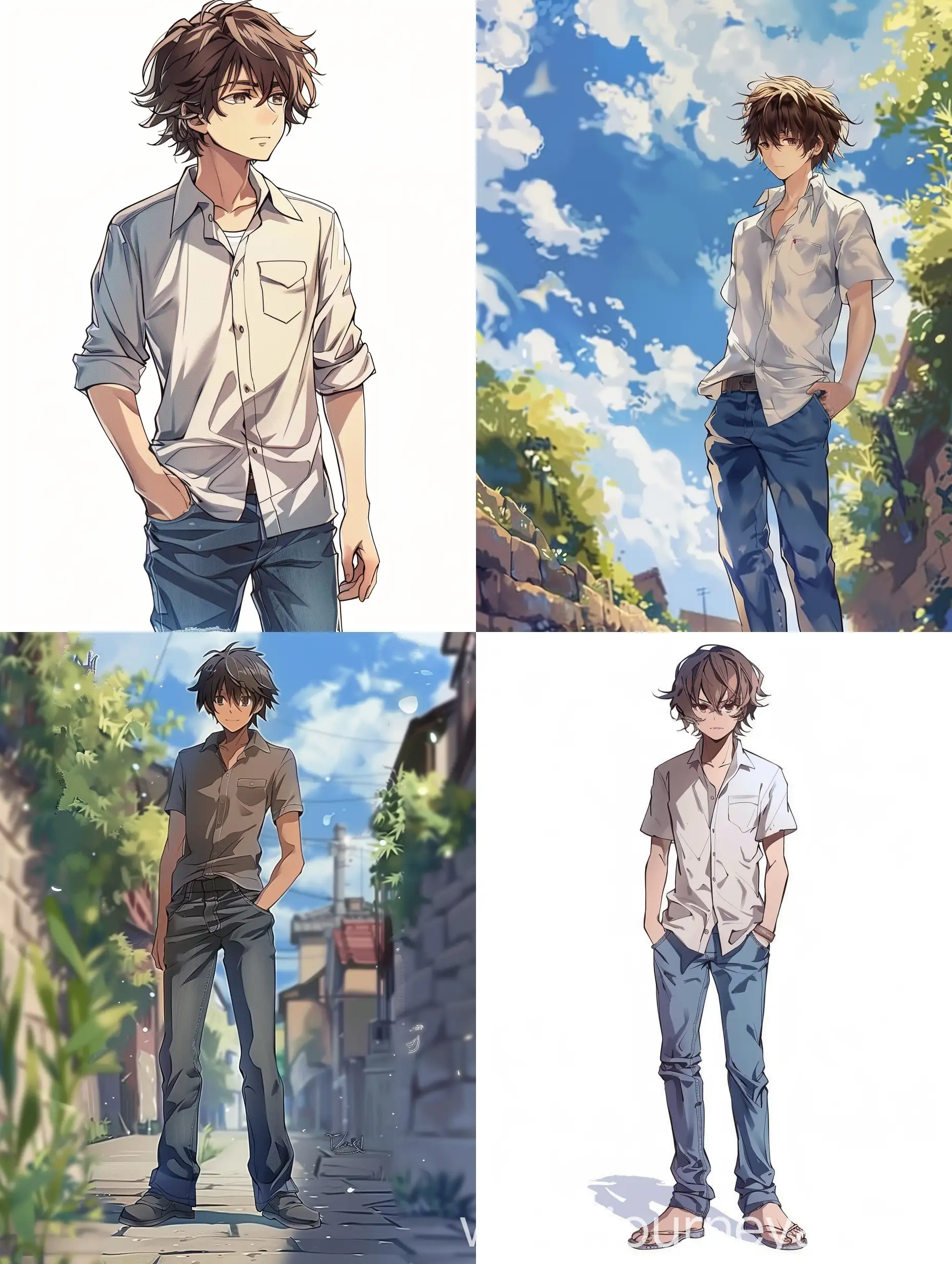 boy, 16 years old, shirt and jeans, anime style, in fantasy world, isekai.
