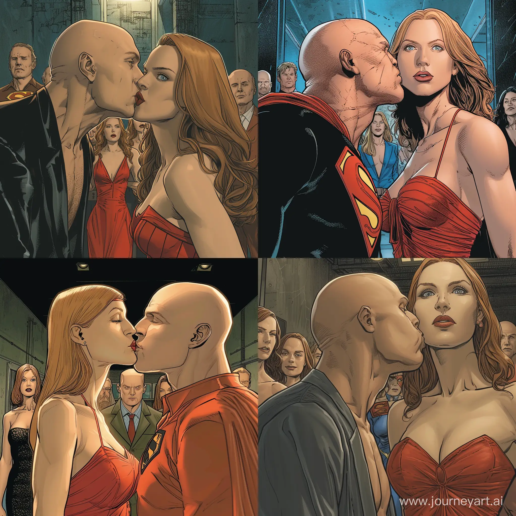 In the foreground Lex Luthor, bald kissing a woman in a red dress a woman. The woman has a light-medium golden complexion, a squared face shape, full lips, blue eyes, dirty blonde eyebrows arched toward the tail, a button nose, and long, straight strawberry blonde hair with wispy bangs. in the background, Martha Kent+, Jonathan Kent +, Clark Kent +, Lois Lane +, Chloe Sullivan+, and Kara Zor-El + are all watching in horror. In Jim Lee style art.