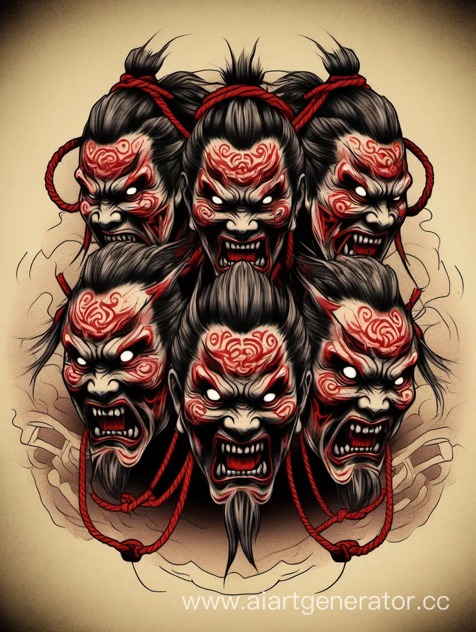 создай мне поэтапный эскиз для тату в японском пугающем стиле с тремя головами самураев обёрнутых красной веревкой с ужасающими лицами и все лица с разными эмоциями и глазами