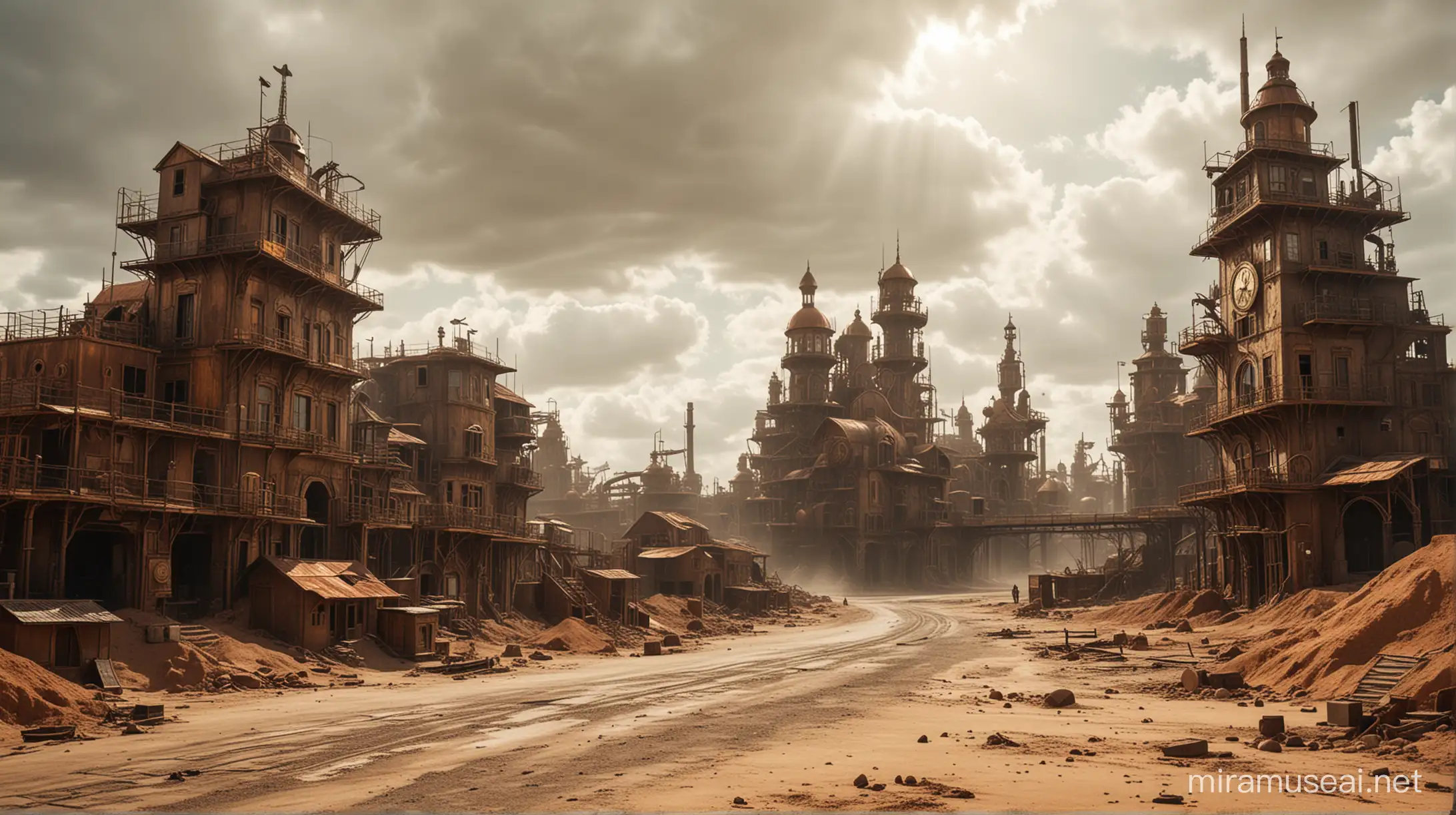 abandoned steampunk city made of copper , gold and glass. much sand and dust. no one is visible. sunny and cloudy.