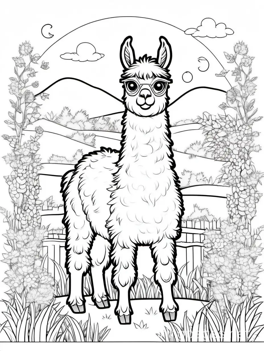 Enchanting-Garden-Scene-with-Dreaming-Llama-Coloring-Page