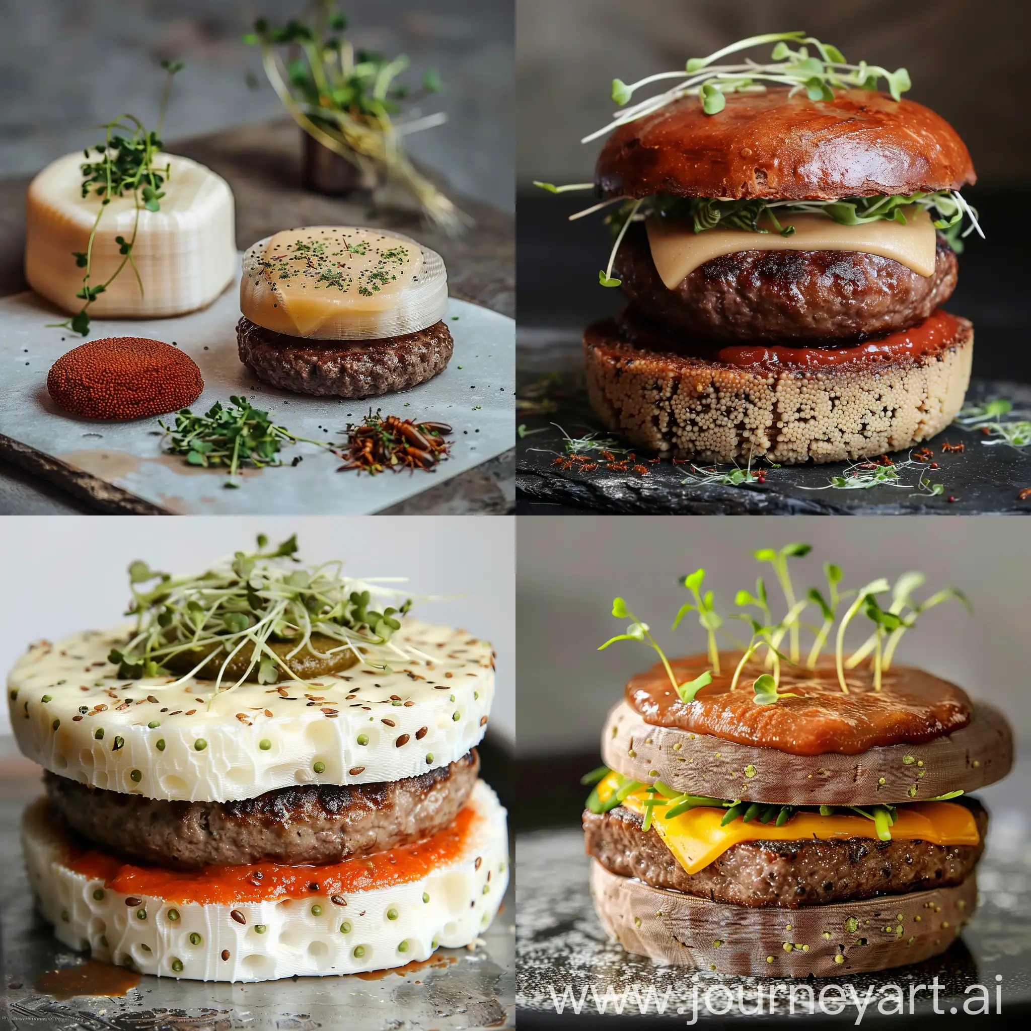 Future healthy burger created by 3D printed bun made with pea protein and algae Lab-grown beef patty Plant-based cheese made from soy and cashews Hydroponically grown microgreens Personalized 3D printed sauce Edible insect toppings