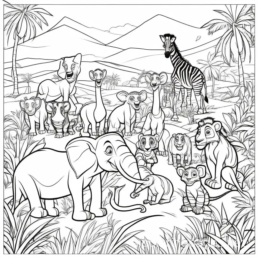 Madagascar


, Coloring Page, black and white, line art, white background, Simplicity, Ample White Space. The background of the coloring page is plain white to make it easy for young children to color within the lines. The outlines of all the subjects are easy to distinguish, making it simple for kids to color without too much difficulty