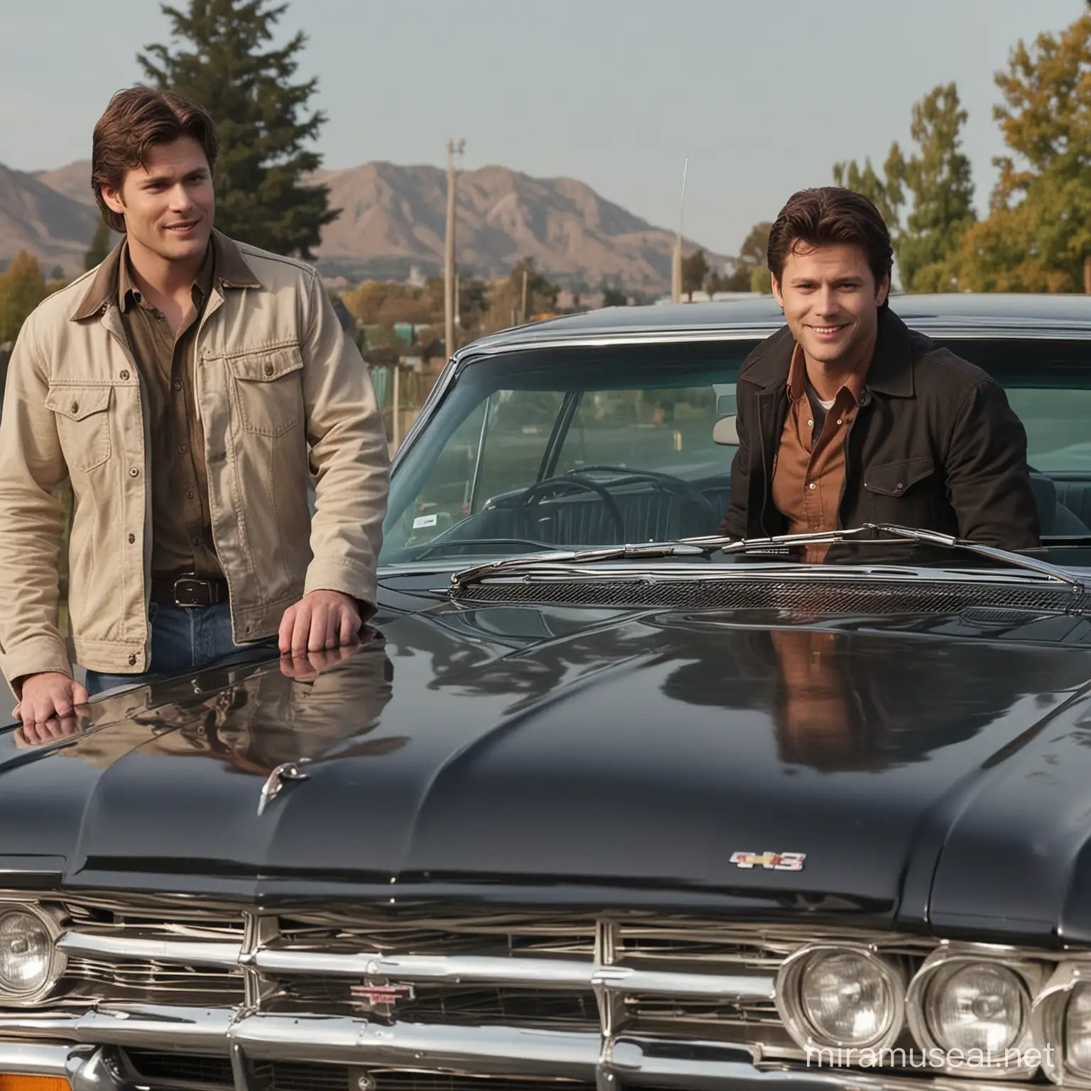 There are Dean Winchester, Sam Winchester and Castiel in front of the Impala Chevrolet 1967 black on Supernatural Tv Series. They are on the road. Dean Wichester leans against Impala Chevrolet 1967 black. There is a young woman with wavy hair between Sam Wichester and Castiel. Sam Wichester and a young woman with wavy hair smiles at the camera. The camera takes them from a distance.
