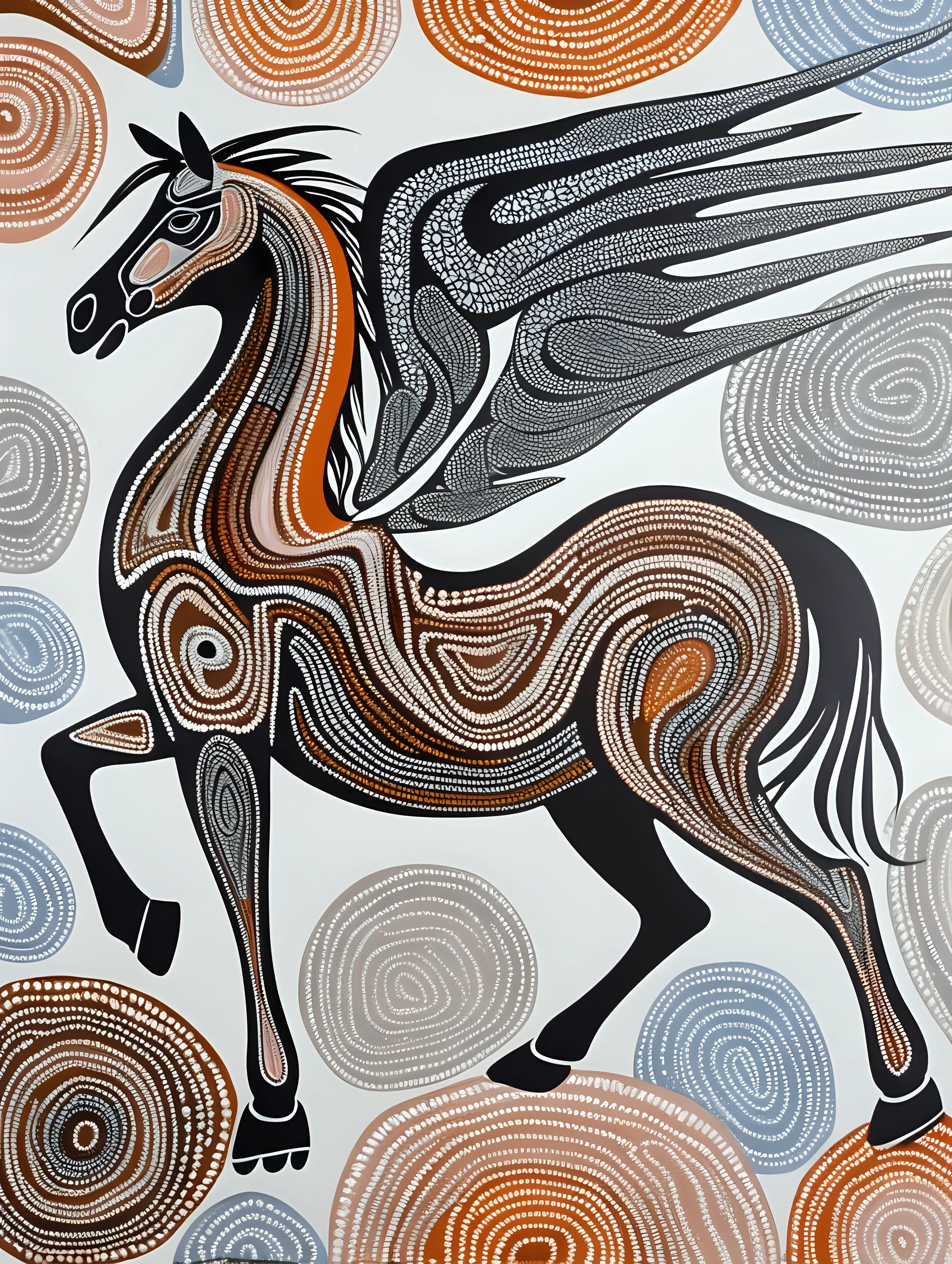 modern-australian aboriginal-art-in-earthy-colors-with-white background, black, pink-grey blue-orange-brown-white - grey-with-a-pegasus
