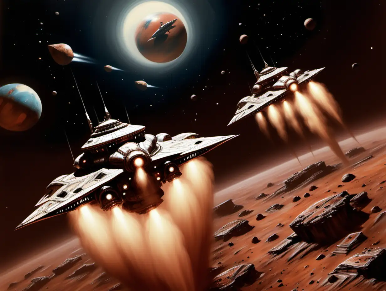 Spaceships flying around Mars firing at each other in style of photorealism by frank frazetta, photograph, high detail, elegant, close up and dark background