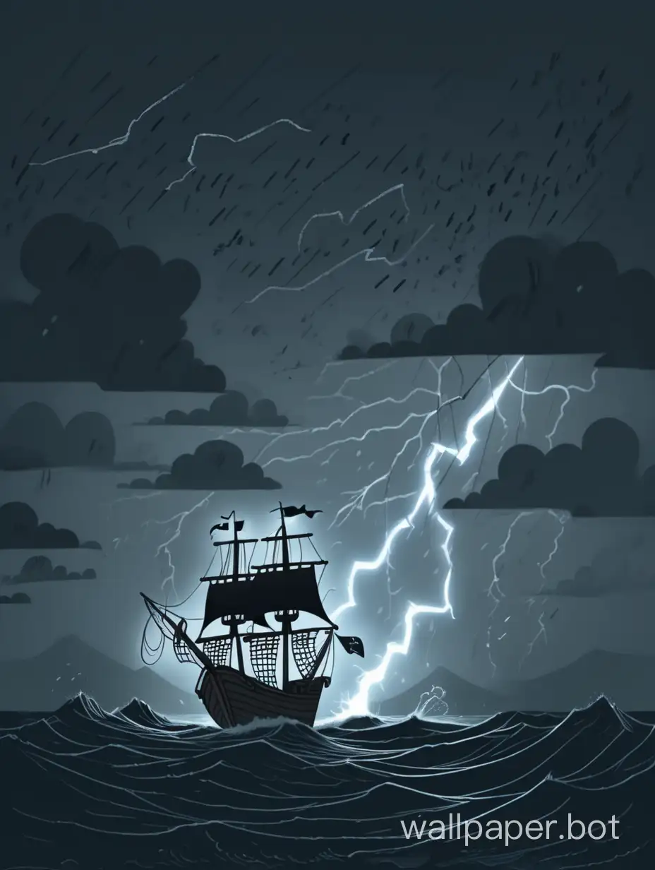minimalist stick figure style cartoon . Dark, stormy sea. Lightning flashes, revealing a massive pirate ship,, tossing violently. 
