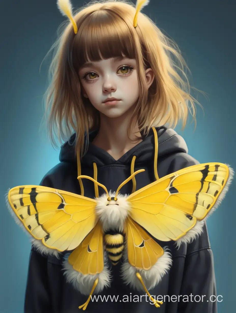 hybrid teenager girl with yellow fluffy Moth full height
