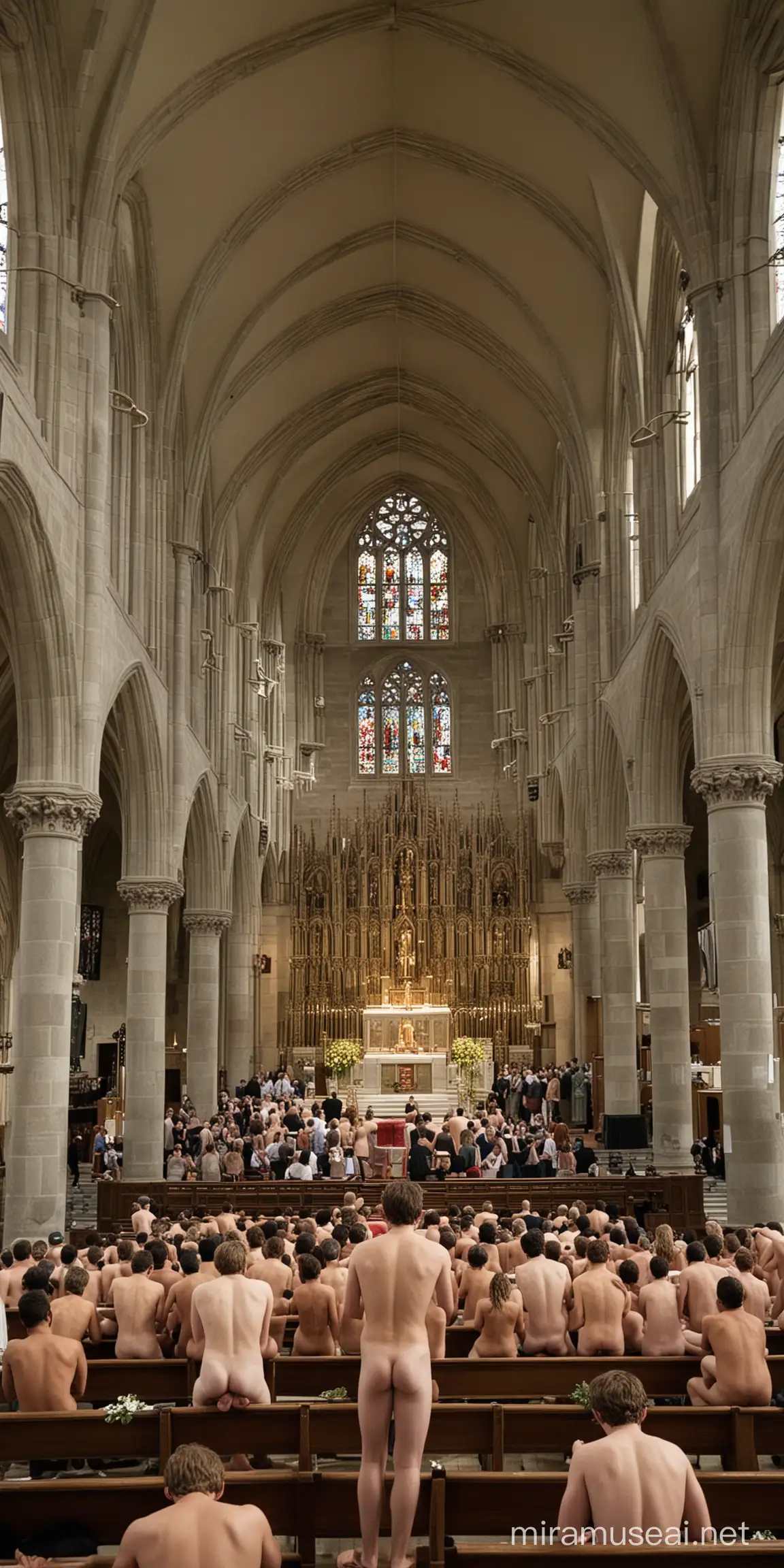 Jovens nus enchem uma igreja orando em pé, vistos desde o altar.