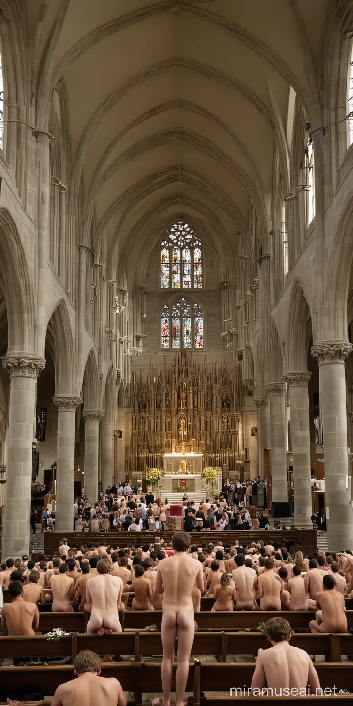 Naked Youths Praying in Church