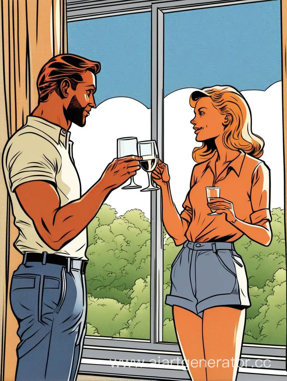 мужчина и женщина говорят у окна, у женщины в руке стакан, мужчина жестикулирует, за окном лето