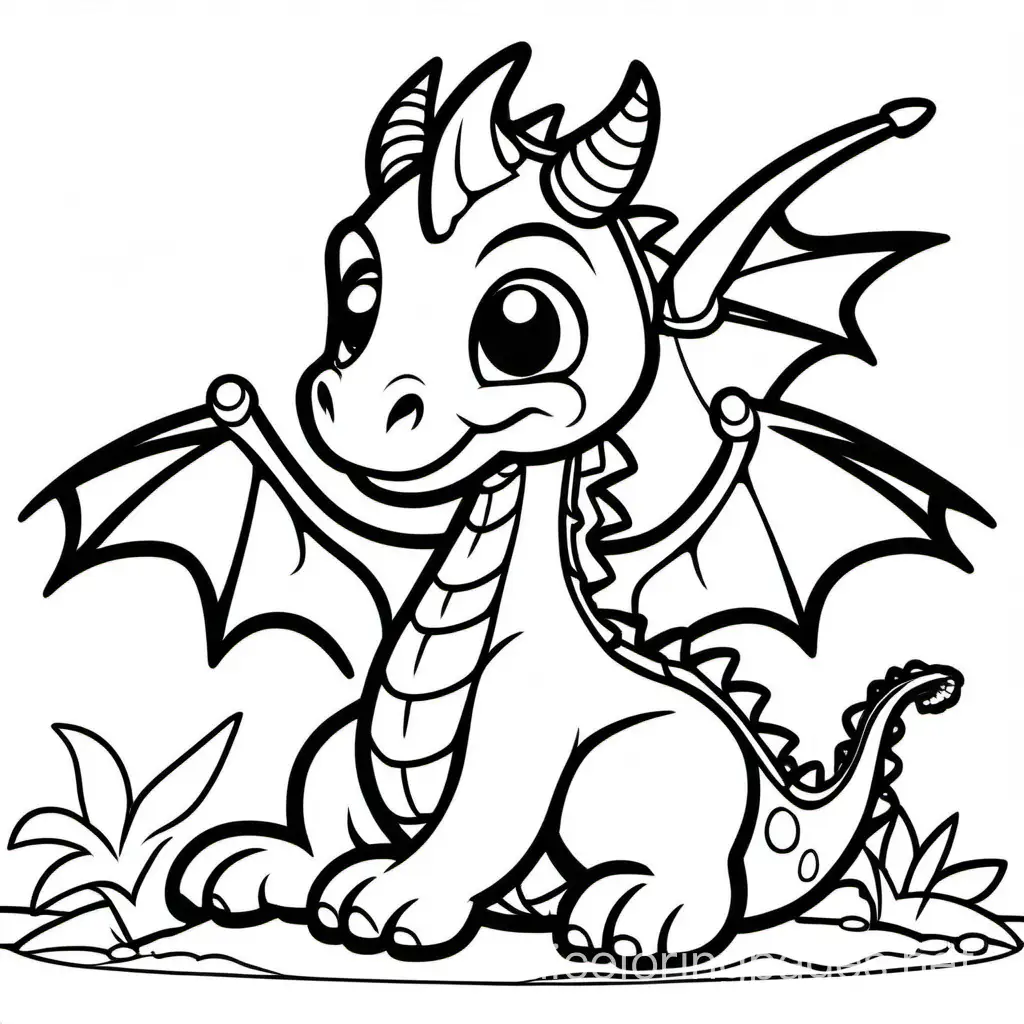 cute dragon, Coloring Page, black and white, line art, white background, Simplicity, Ample White Space. The background of the coloring page is plain white to make it easy for young children to color within the lines. The outlines of all the subjects are easy to distinguish, making it simple for kids to color without too much difficulty