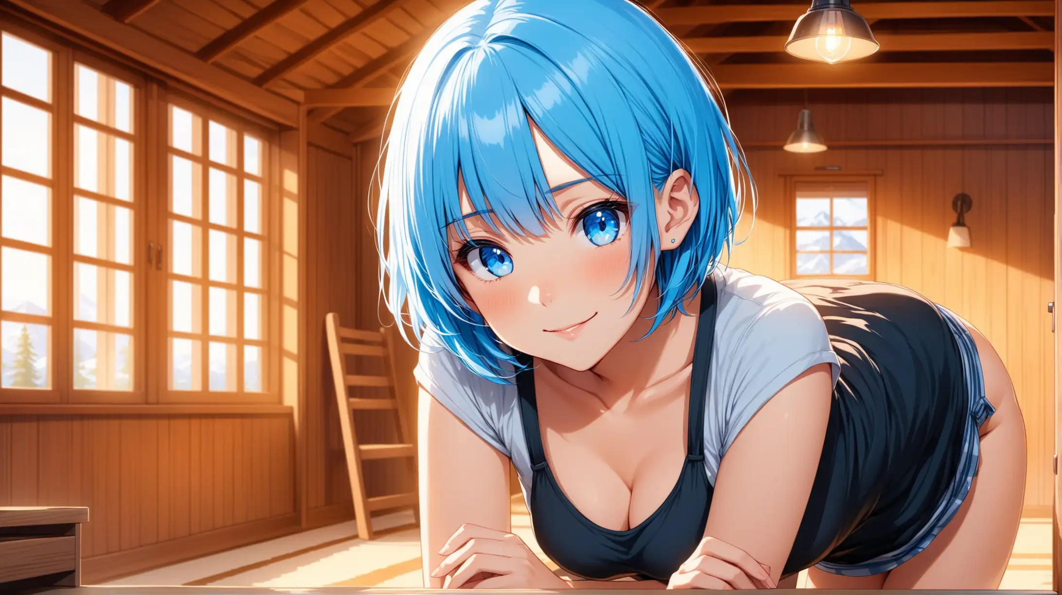 Draw the character Rem, blue eyes, high quality, indoors, cabin, soft lighting, long shot, in a seductive pose, leaning forward, wearing a casual outfit, looking at the viewer with a loving smile