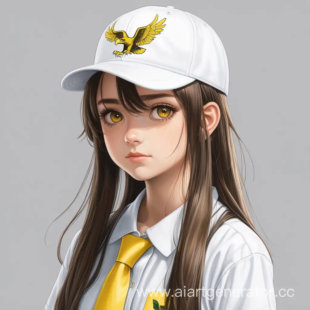 Девочка лет 18 в белой кепке с желтым орлятским галстуком, белая футболка, длинные волосы, шатенка, низкого роста