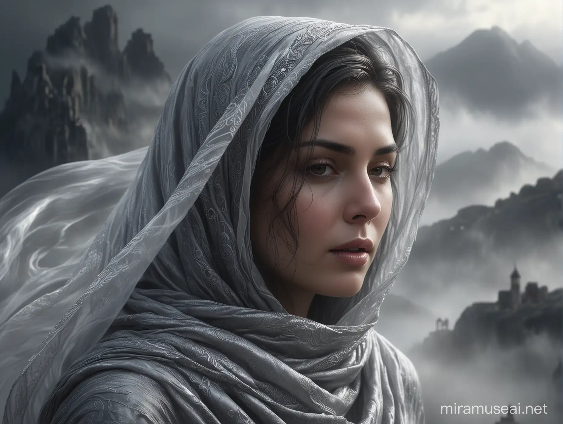 woman amidst the swirling mists, veiled face, elaborate silver scarf, restless wind, cloudy atmosphere, mysterious landscape, soft lighting, swirling mist, ghostly mist, dark illumination, luminism, depth of field, photorealistic, (detailed:1.4), best quality, H!D