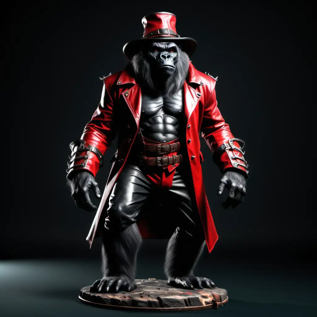 реалистичная злая горила-ван-хелсинг в кожаной  красной броне в шляпе-пилигрима  в полный рост