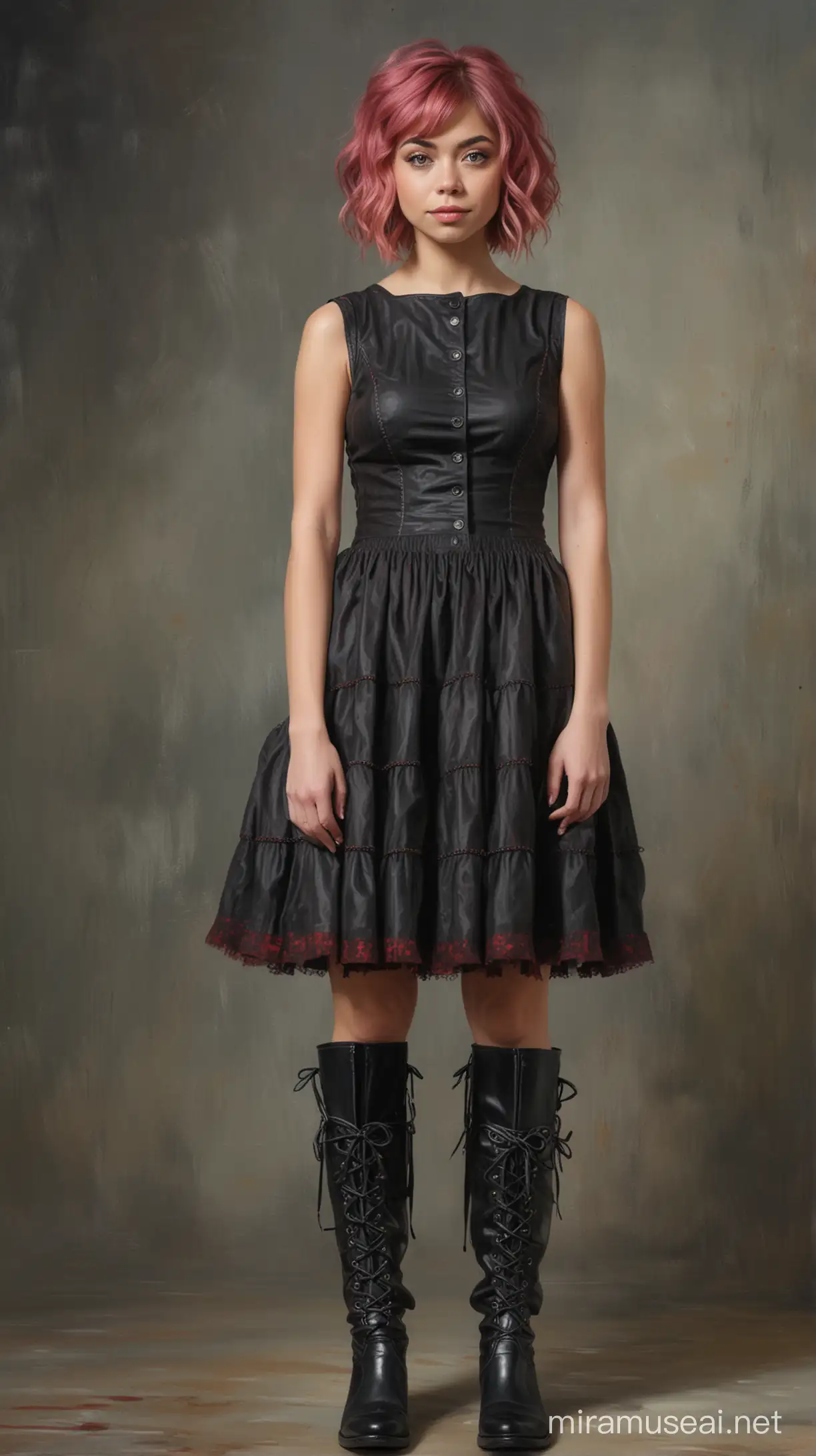 classical oil impressionist Painting of a young ((Sarah Hyland:1.7)), with pink hair with a bob and bangs wearing a short black and red gothic style dress and black boots, full body