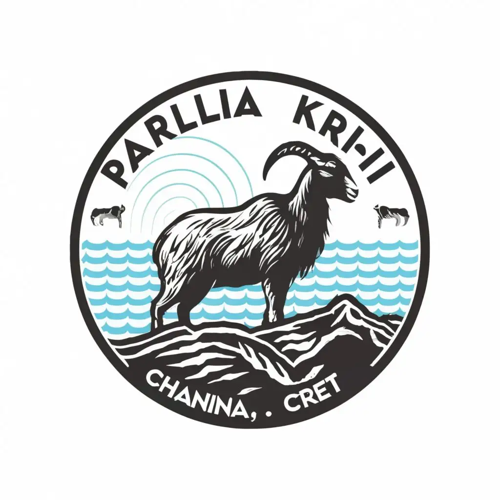 logo, Black and white majestic mountain goat standing on mountain overlooking ocean waves, with the text ""paralia kri-kri" chania, crete", typography, be used in Retail industry