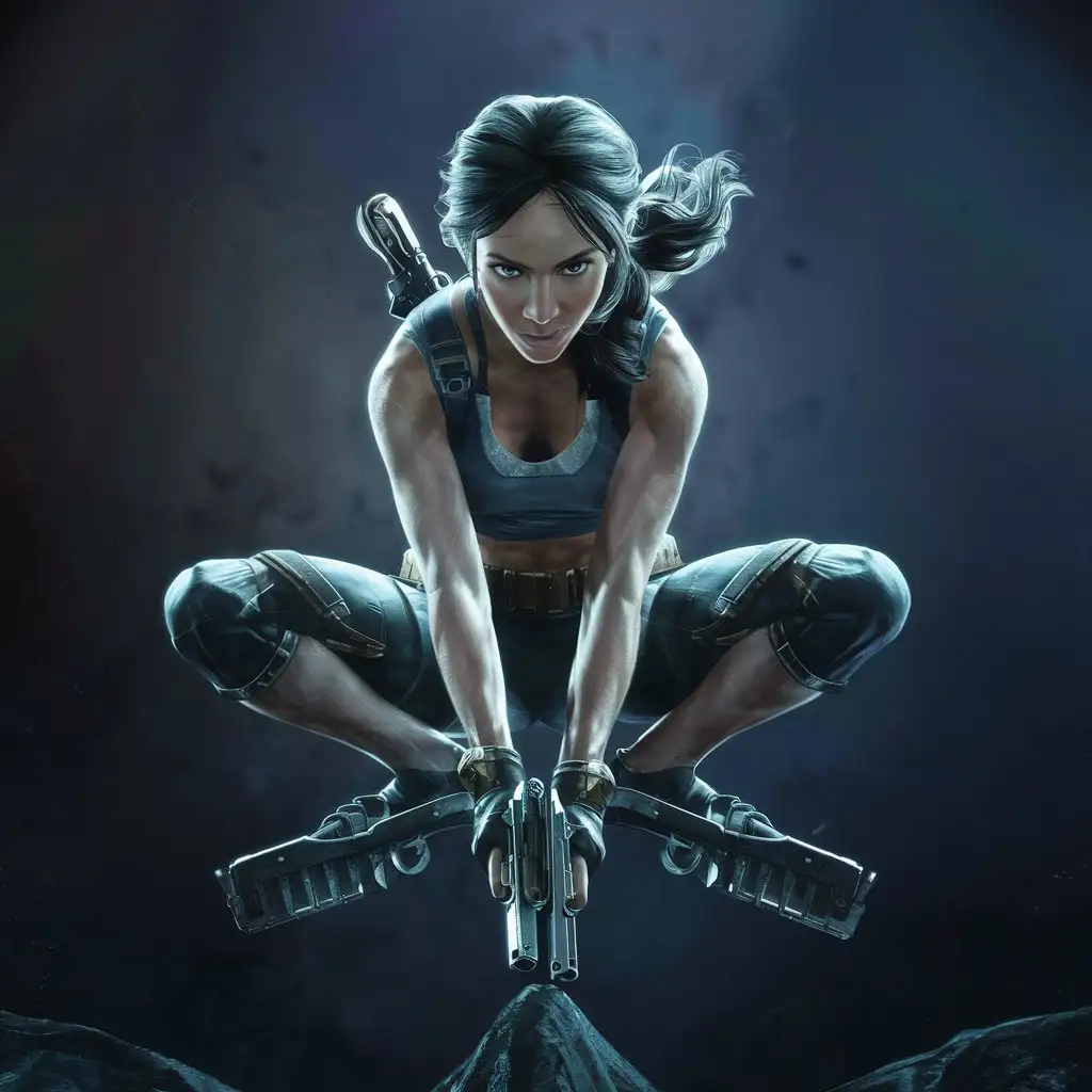 Top front view. Lara Croft jumping to reach a high point. intricate details, HDR, beautifully shot, hyperrealistic, sharp focus, 64 megapixels, perfect composition, high contrast, cinematic, atmospheric, moody, no bad anatomy. Perfect hands. Hand close up