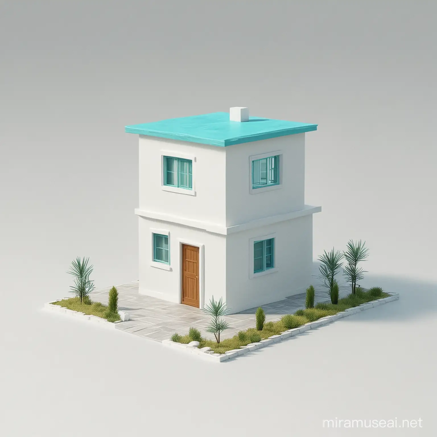 Casa cuadrada color turquesa  en animación 3d y fondo blanco