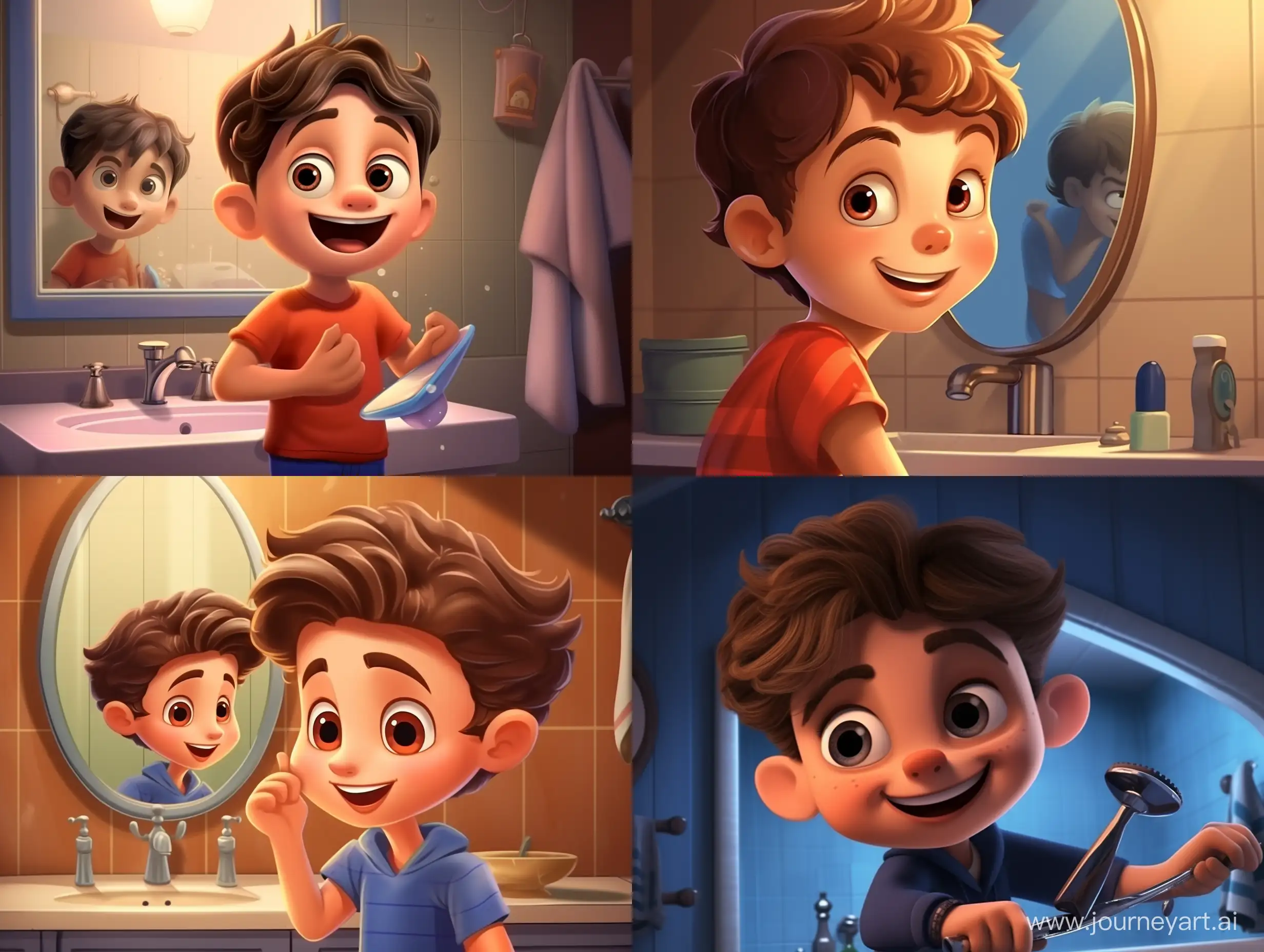 cartoon pixar style of a симпатичный и красивый мальчик в ванной сам стрижет свои волосы машинкой для стрижки волос, смотря в зеркало