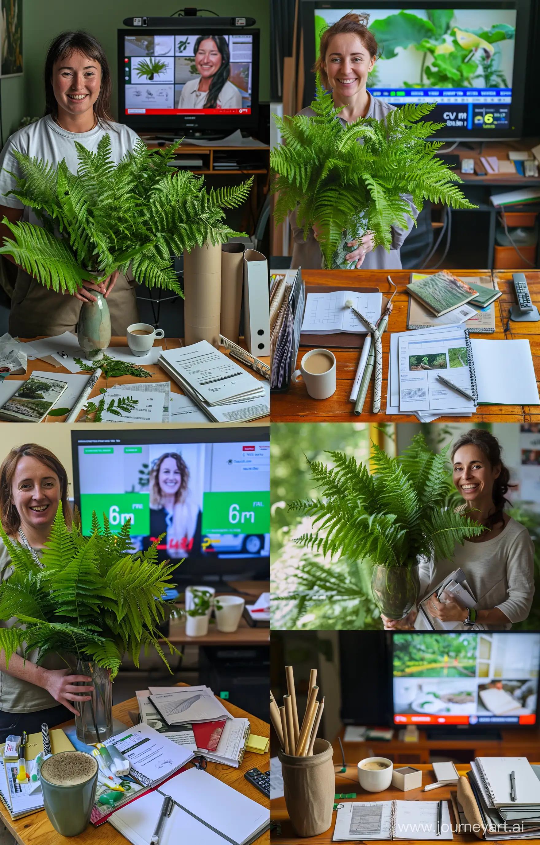 A photo of a woman carrying a vase of ferns and smiling full of proud of her last day working on the garden before the Summer holidays. Next to her a desk with papers, tubes, notebooks and a cup of coffee is seen. Meanwhile the TV is turned on to the news channel as it's 6 PM already. --v 6 --ar 9:14