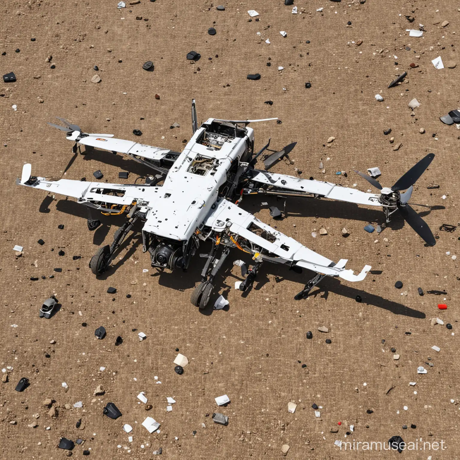 小型民用无人机炸机后严重损坏图片，部件散落