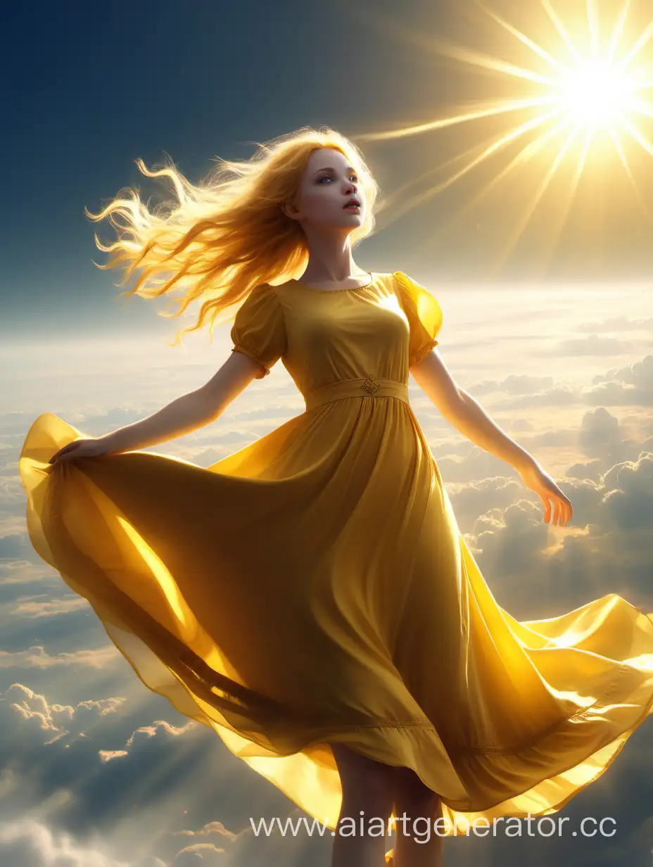 Girl with golden hair, light, high definition, sun, glare, high detail, yellow dress, sky, flight, fantasy