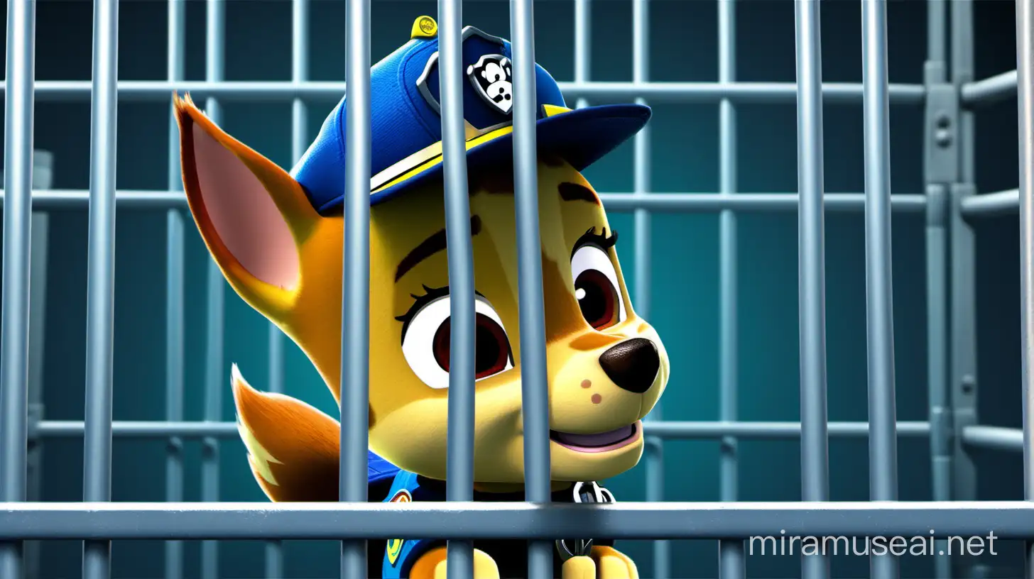 Chase from Paw Patrol in Jail. Looking sad. Behind Bars