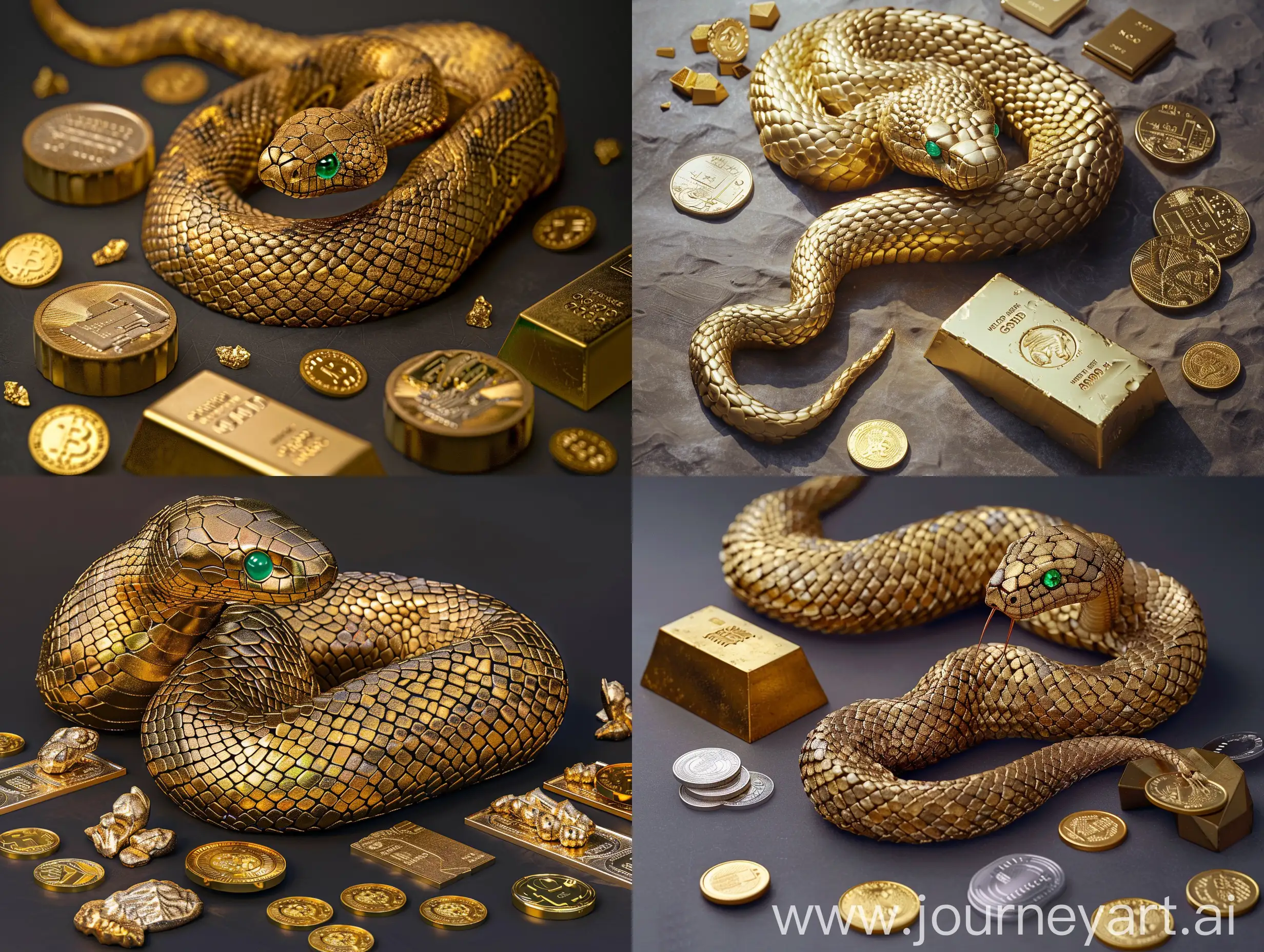Realistic-Snake-Sculpture-with-Emerald-Eyes-Surrounded-by-Gold-Bars-and-Coins