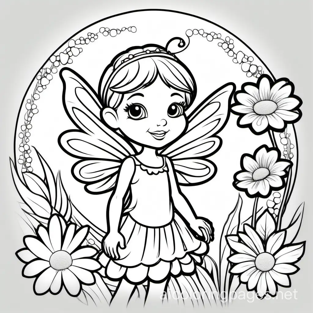 a cute fairy holding a flower
, Coloring Page, black and white, line art, white background, Simplicity, Ample White Space. The background of the coloring page is plain white to make it easy for young children to color within the lines. The outlines of all the subjects are easy to distinguish, making it simple for kids to color without too much difficulty