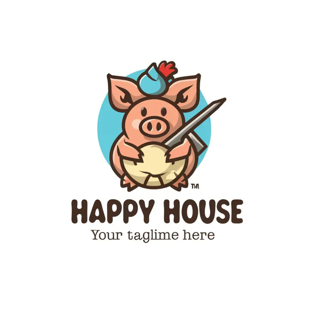 a logo design,with the text "Happy house", main symbol:The pig holds a knife to the hen.,Moderate,clear background
