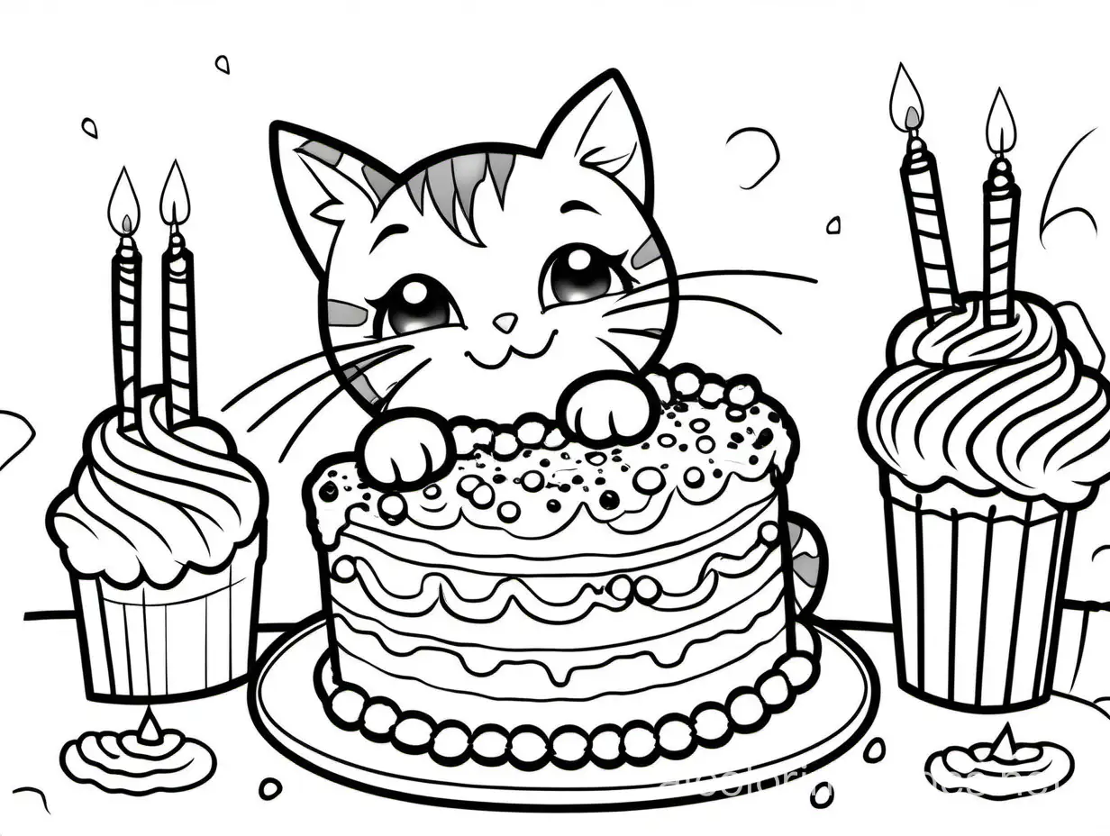 cat eating birthday cake, Coloring Page, black and white, line art, white background, Simplicity, Ample White Space. The background of the coloring page is plain white to make it easy for young children to color within the lines. The outlines of all the subjects are easy to distinguish, making it simple for kids to color without too much difficulty