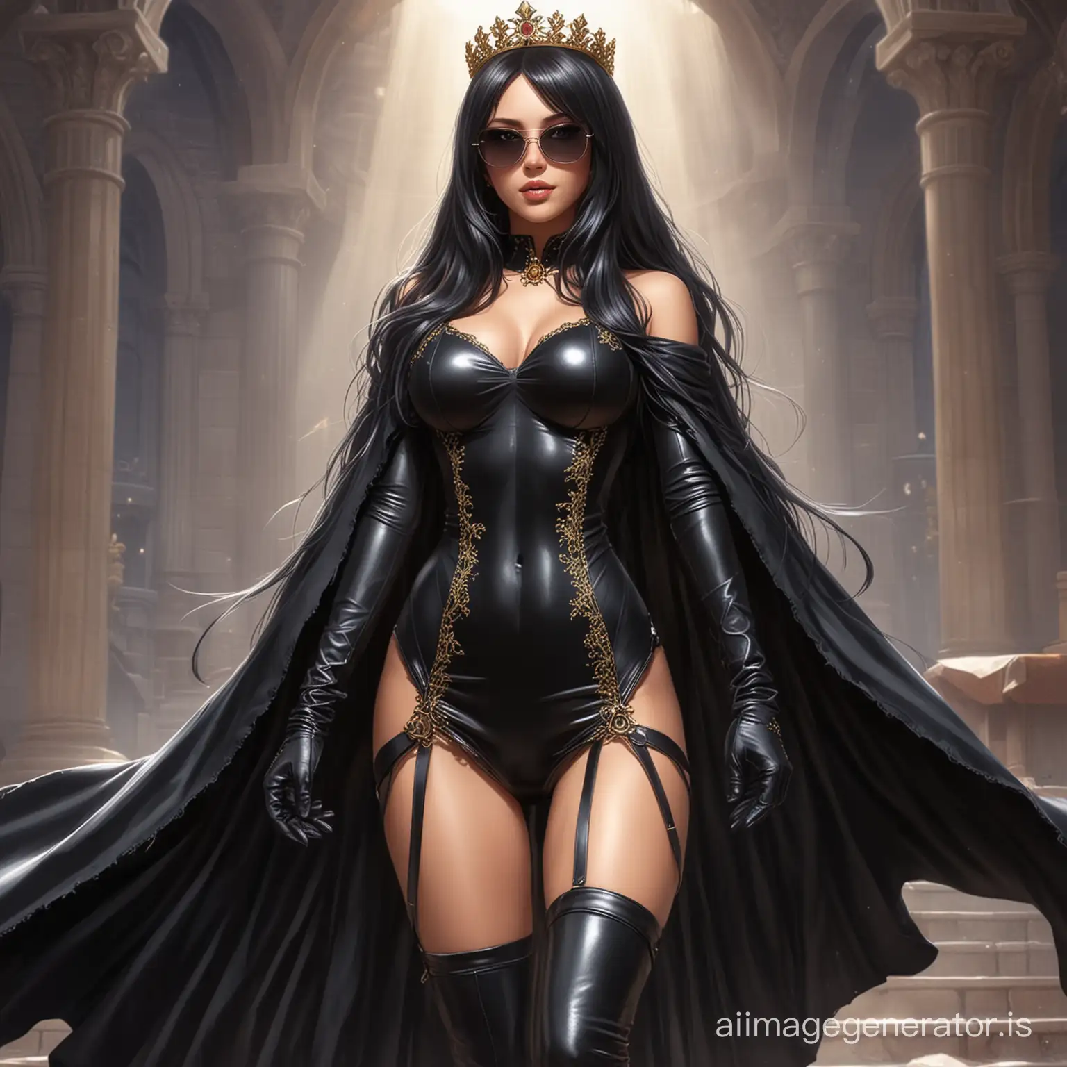 hot anime girl with long and beautiful black hair dressed in a black one piece dress reaching above her thighs. she is also wearing a long black cape starting from her shoulders till the legs. she also wears a pair long black leather gloves and a pair tall leather boots. she wears a pair of cool shades and she looks royal by wearing a golden tiara
