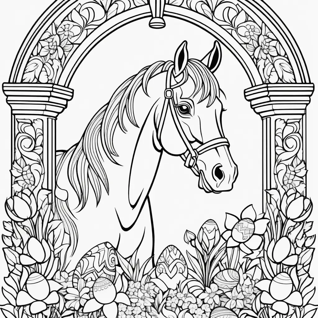 Coloring page with an archway made of Easter eggs  framing a horse head between flowers