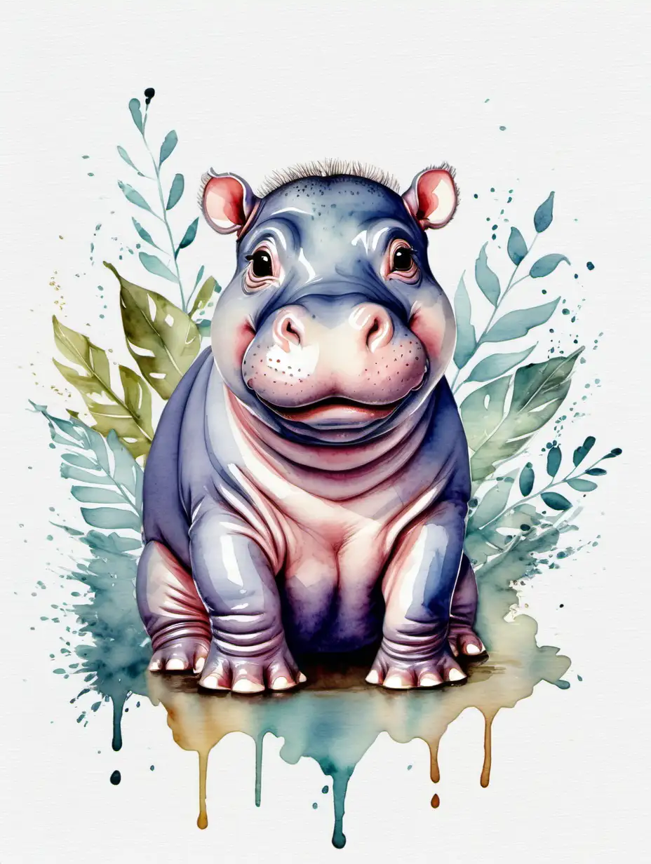 watercolor baby hippo for nursery poster