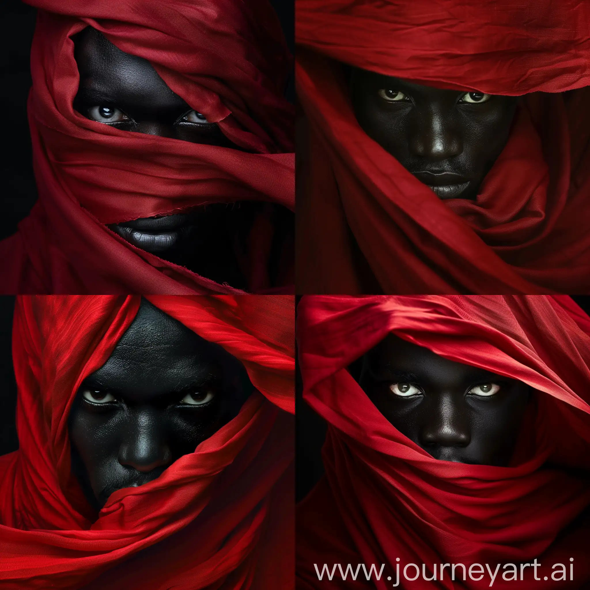 Handsome black man's face, which is covered by a red cloth flowing in front of his face, only his sharp eyes and forehead are visible, he is black skinned, the shot is tight