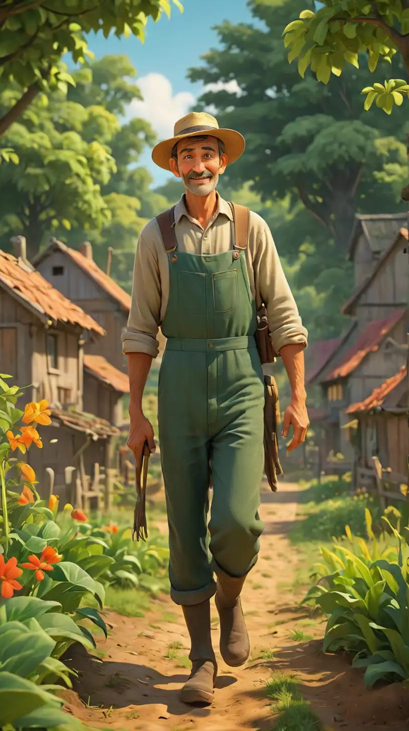 Create a 3D illustrator of an animated scene where a village farmer is walking in a farm with dense trees. Beautiful colourful and spirited background illustrations.