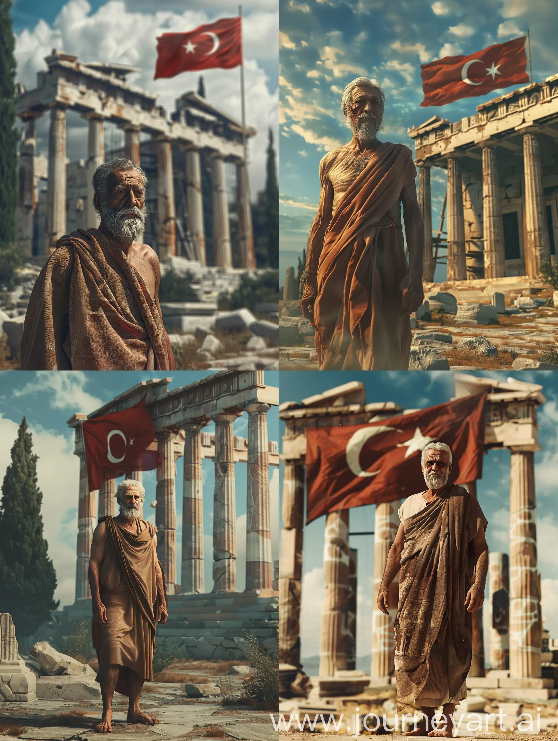 An ancient old Greek man standing in front of a hellenic temple. Behind him is an obvious Turkish flag. Very realistic, 4k, 8k, apocalypse style