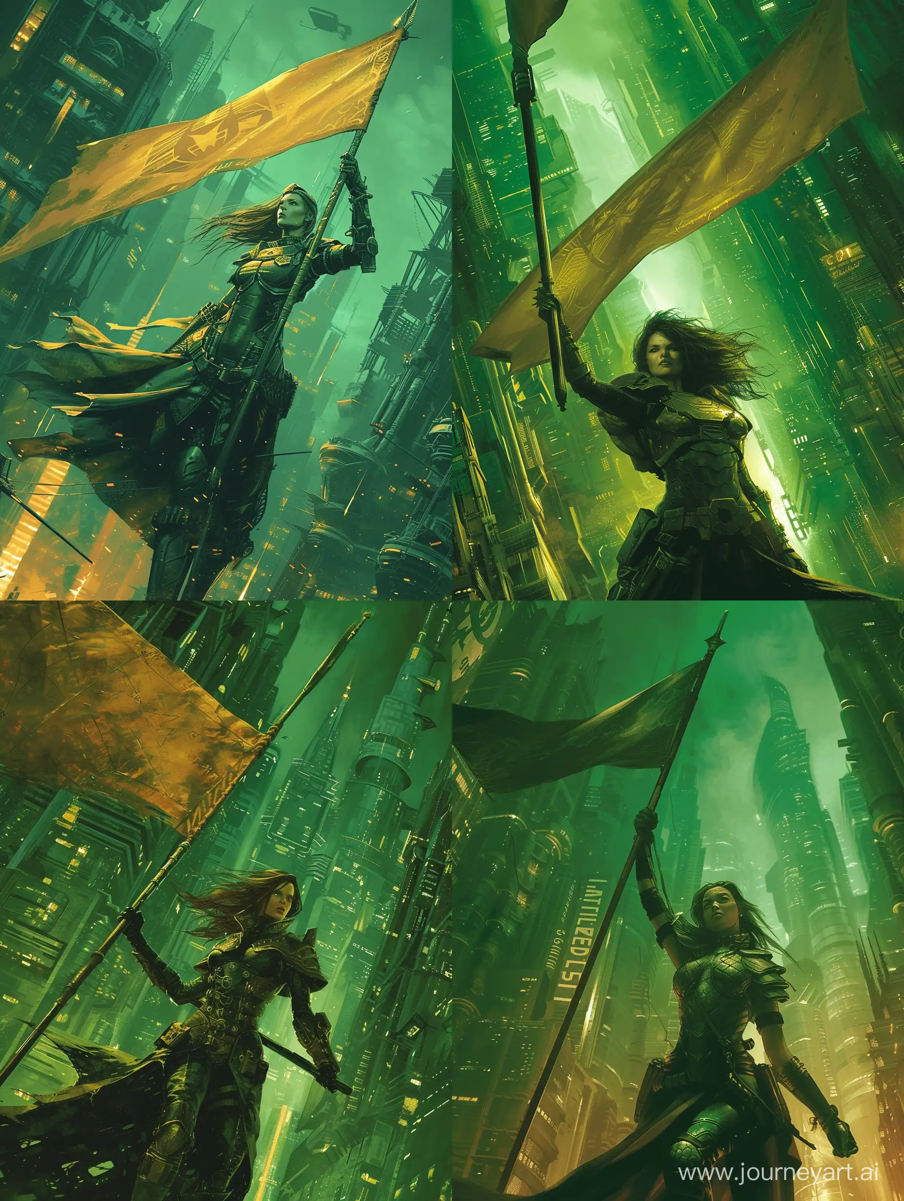 Futuristic-CosmoStyle-Female-Warrior-with-Banner-in-Dark-Green-and-Amber