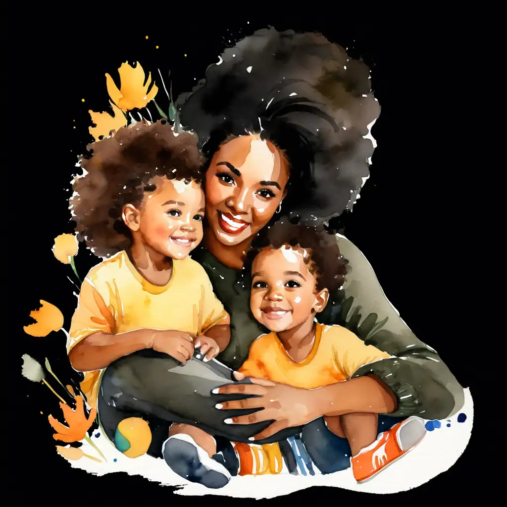 VERY BEAUTIFUL MODERN BLACK MOM WITH KIDS WATERCOLOR

