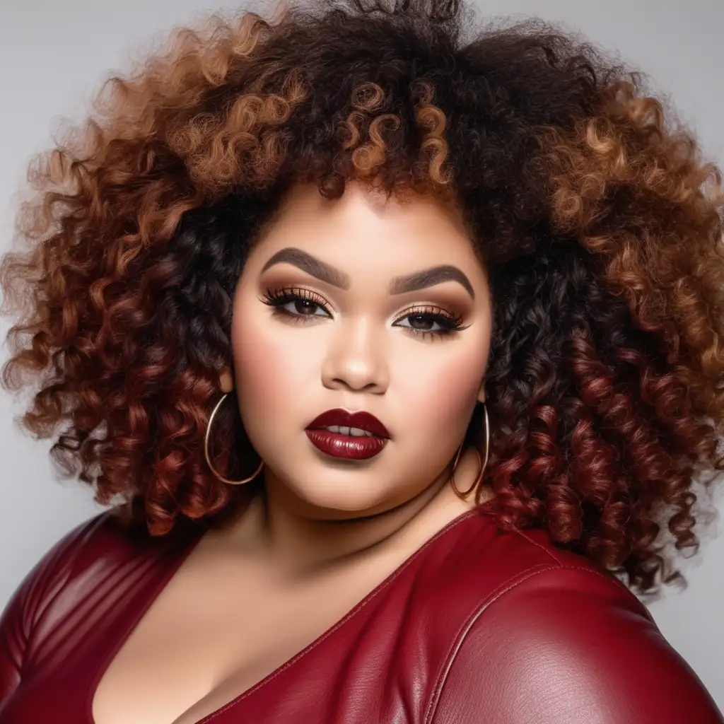 Stylish Plus Size Black Woman in Red Soft Curly Afro Hair and Chic Leather Top