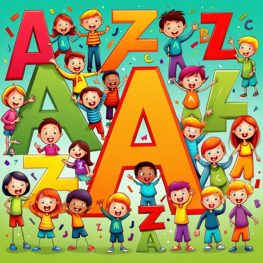 kids illustration, kids with letters A to Z, cartoon style, thick lines, low detail, vivid color, -- ar, 9:11